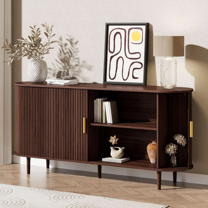 63" Sideboard Buffet Cabinet with Storage,Mid Century Modern Fluted Accent Coffee Bar Console Table,Tambour Sliding Doors& Adjustable Shelf for Kitchen, Living Room, Entryway，Walnut