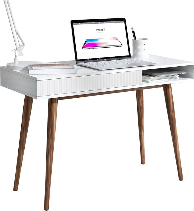White Writing Desk with Drawers Mid Century Modern Desk, Wood Office Desk Computer Desk Vanity Desk for Small Space, White Desk with Walnut Legs