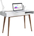 White Writing Desk with Drawers Mid Century Modern Desk, Wood Office Desk Computer Desk Vanity Desk for Small Space, White Desk with Walnut Legs