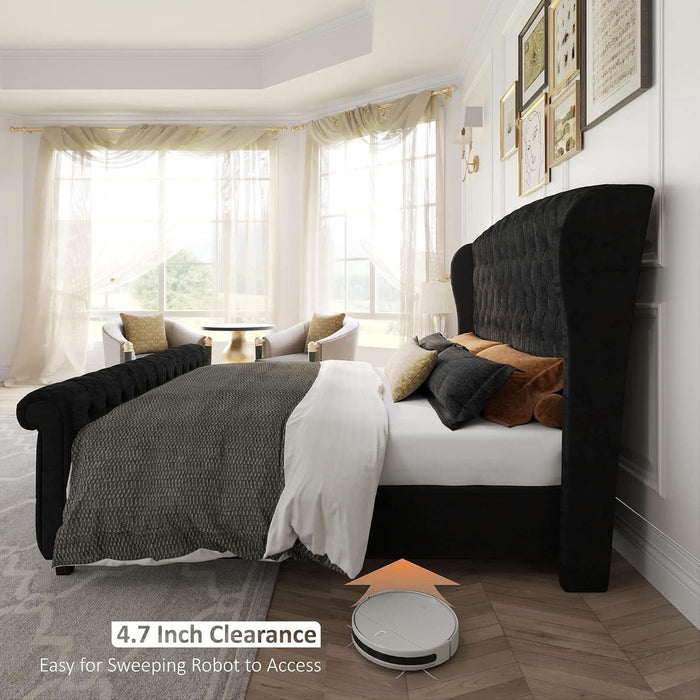 Queen Size Platform Bed Frame, Velvet Upholstered Sleigh Bed with Scroll Wingback Headboard Footboard/Button Tufted/No Box Spring Required/Easy Assembly/Black
