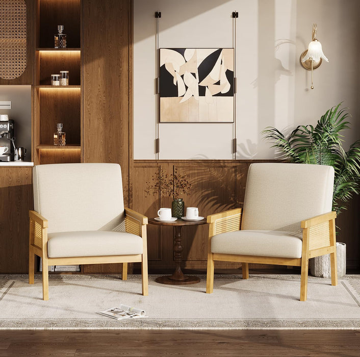 Beige Rattan Accent Chair With Upholstered Backrest
