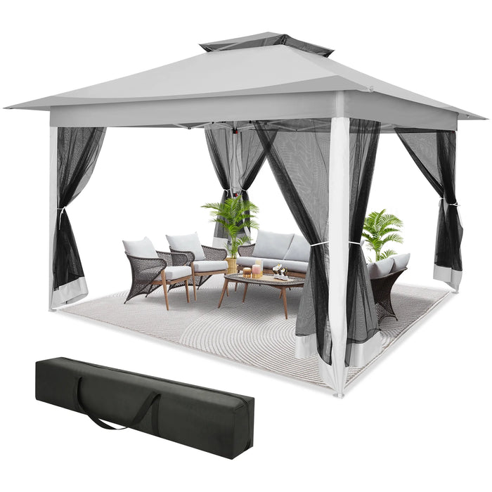 12X12Ft Outdoor Pop up Gazebo with Mosquito Netting, Instant Patio Canopy Tent for Shade and Rain, 2 Tiered Vente Gazebo Canopy for Garden Backyard with Carry Bag&4 Sandbags