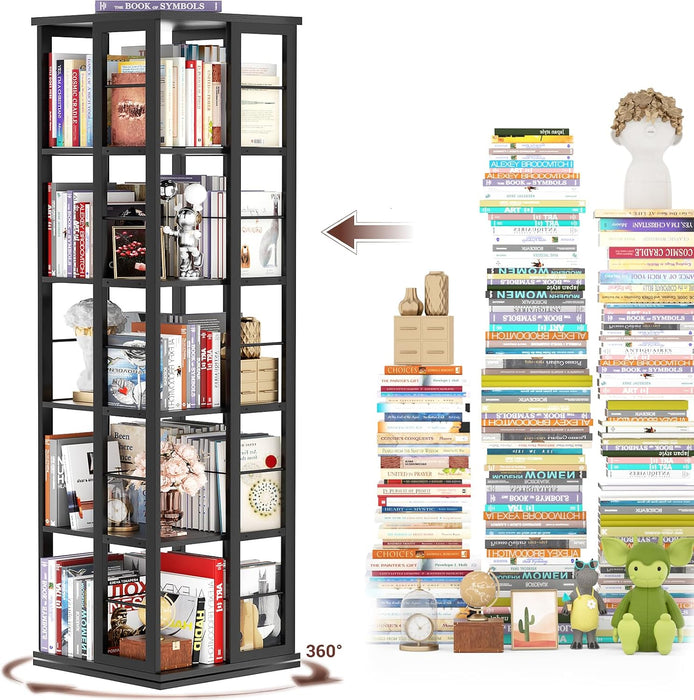 Rotating Bookshelf, Corner Bookcase, 360 Display Wood Spinning Bookshelves, Floor Standing Bookcases Narrow Shelf, 5 Tiers, Black