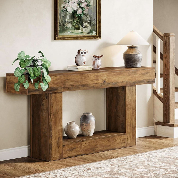 63" Console Table, Farmhouse 2-Tier Entryway Table with U-Shaped Base, Narrow Long Wood Sofa Table behind Couch Table for Living Room, Hallway, Foyer, Vintage Brown
