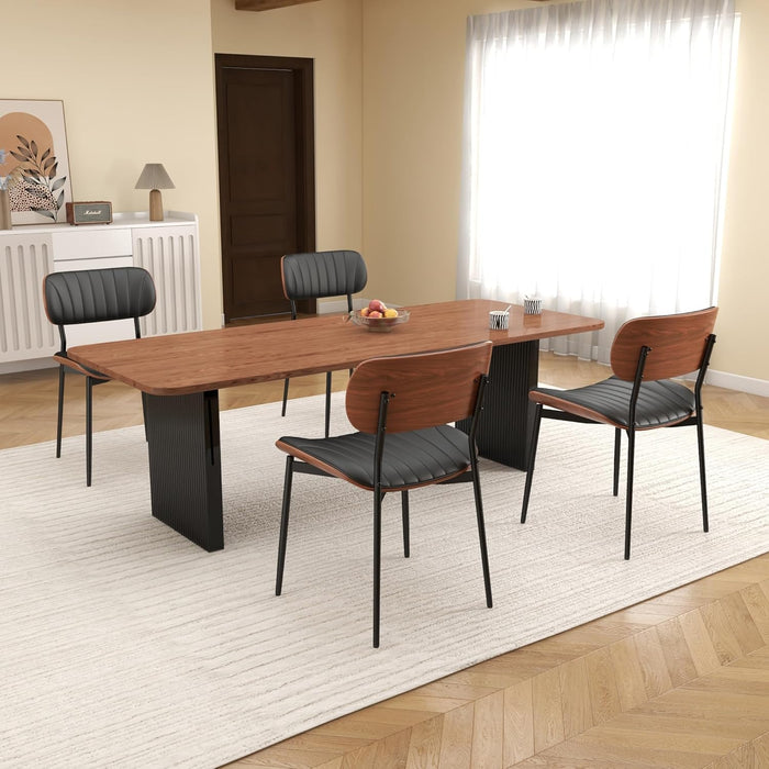 Mid Century Modern Dining Chairs Set of 2,Upholstered Faux Leather Kitchen Chairs with Walnut Bentwood Back and Metal Legs for Kitchen Dining Room Living Room, Black