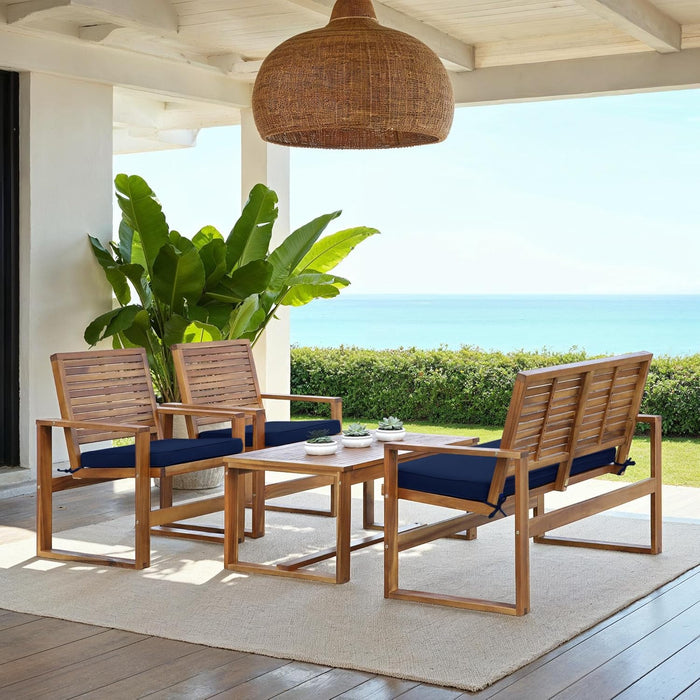 Home Collection Hailey Outdoor Living 4-Piece Acacia Patio Furniture Set, Brown and Navy