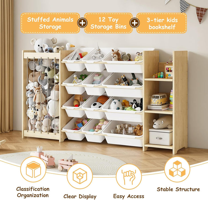 3-In-1 Toy Storage Organizer, Stuffed Animal Holder, 12 Bins