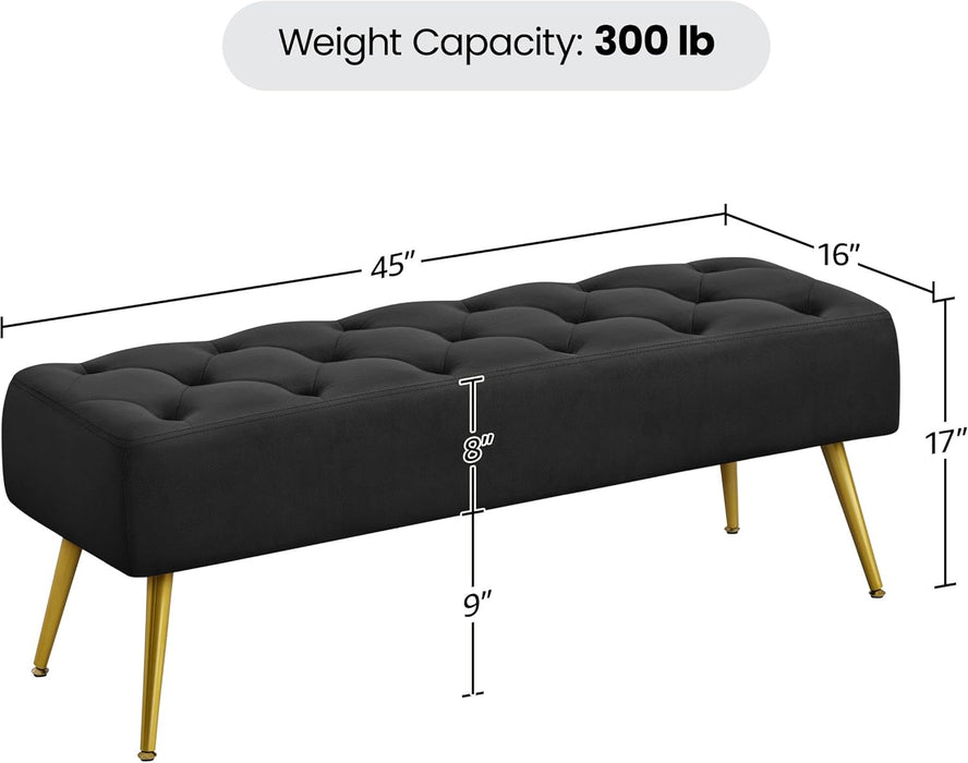 45" Black Ottomans, Velvet End of Bed Bench, Ottoman Foot Rest with Gold Legs for Living Room, Bedroom, Entryway, Black