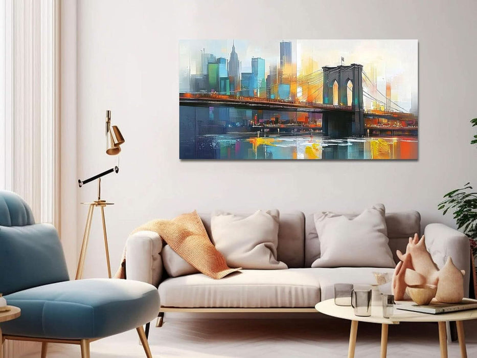 Cityscape Wall Art New York City Canvas for Living Room Painting Brooklyn Bridge Manhattan Bedroom Wall Art for Men Modern Blue Picture Grey Artwork Large Framed Home Office Wall Decor 40"X20"