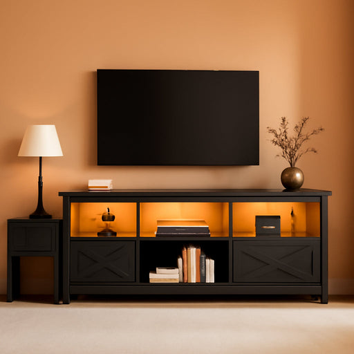 TV Stand for 65 Inch Tvs, Entertainment Center with Storage Cabinets, Power Outlet & LED Light, Media TV Console with Barn Doors for Living Room, Black