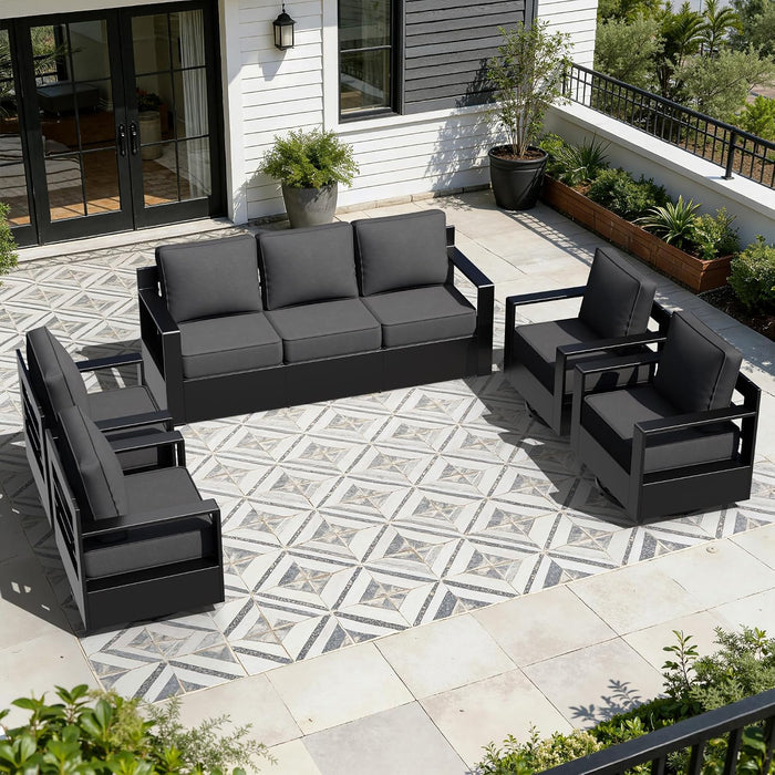 Outdoor Aluminum Furniture Set, 5-Piece Patio Conversation Set, 4 Swivel Chairs and 1 Sofa, All-Weather Metal Frame, 6" Thick Removable Cushions, Deep Setting for Garden, Poolside and Porch