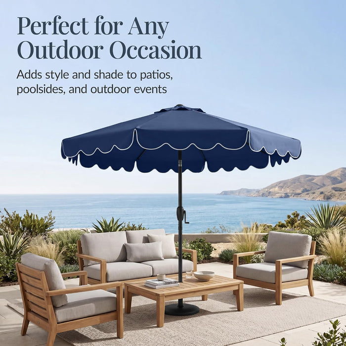 9Ft Patio Market Umbrella with Scallop Trim, Uv-Fade-Resistant 210G Canopy, Crank & Tilt, Wind Vent, Heavy-Duty Frame - Navy
