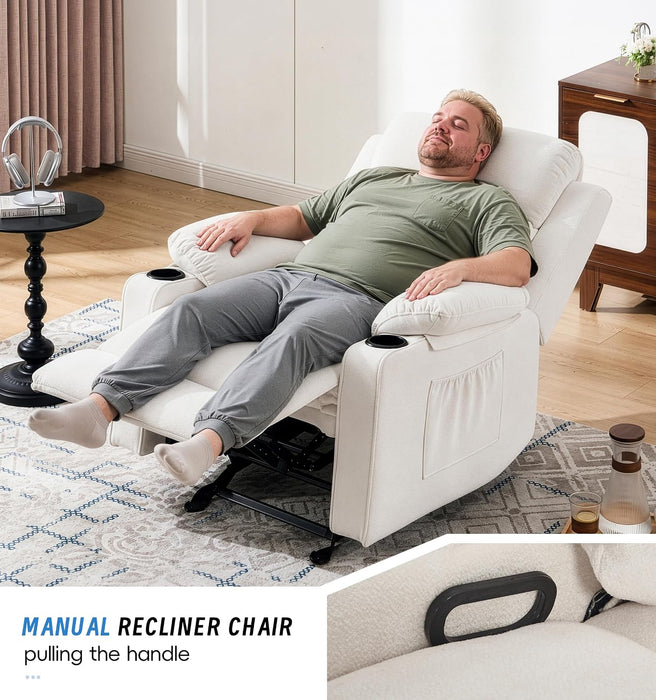 Manual Rocker Recliner Chair for Adults with Massage, Overstuffed Glider Rocking Chair with Cup Holders and Pockets for Living Room, Reclining Sofa Chair for Bedroom Nursery,Beige