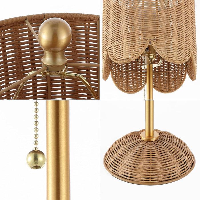27.5" Brass Gold Coastal Buffet Table Lamp Set of 2 for Bedroom, Boho Table Lamps with Natural Rattan Scalloped Shade, Pull Chain, LED Bulbs Included JYL1138A-SET2