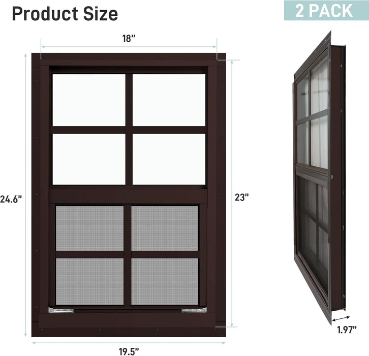 2 Pack Shed Window, 18" W X 23" H Flush Mount Window with Tempered Glass for Sheds, Chicken Coops, Garage and Playhouse (Brown)