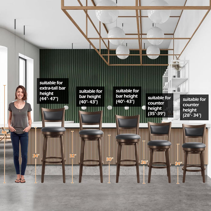 32" Tall Bar Height Stools Set of 4 - High Back Swivel Barstools with Black Faux Leather Upholstered Seat & Solid Wood Footrest, Counter Bar Stool for Kitchen Island & Pub