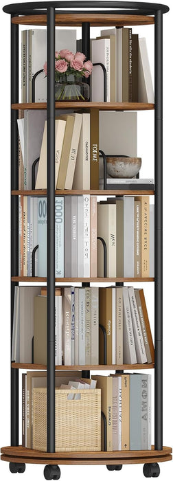 Rotating Bookshelf, 360° Spinning Bookshelf Tower,Round Book Shelf | Display Revolving Bookcase, Narrow Swivel Bookshelves for Small Space, Bedroom, Living Room, 6-Tier Rustic Brown, BC52101B