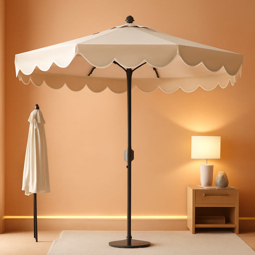 9 FT Solar Patio Umbrella, 2-Tiers Scalloped Outdoor Table Market Umbrella with 24 LED Lights, Vented Top, Tilt Adjustment, Crank, 8 Ribs for Backyard Poolside Deck Beach Lawn (Beige)