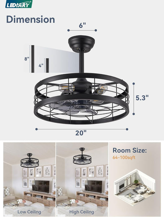 20 Inch Fandelier Caged Ceiling Fan with Light, Bladeless Ceiling Fan with Remote, Farmhouse Fan Lights Ceiling Fixtures for Kitchen, Bedroom, Outdoor(6 Speed, Timing)-Black