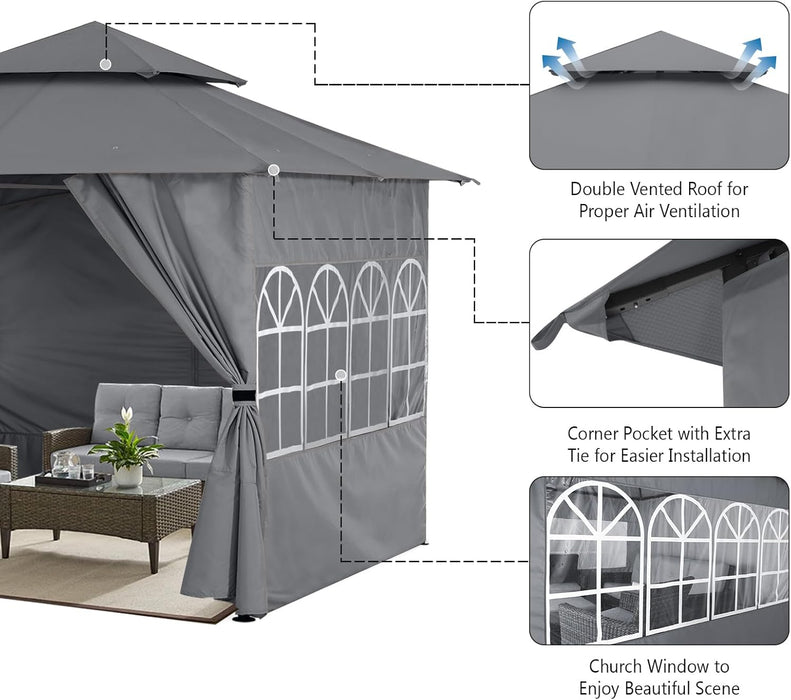 10X12 Outdoor Gazebo - Patio Screened Gazebo with Curtains and Windows for Deck, Lawn and Backyard (Dark Gray)