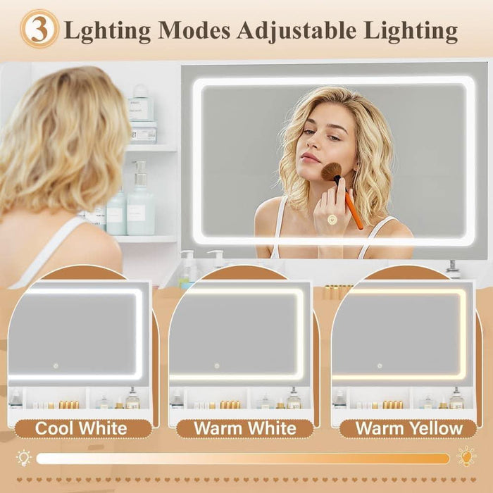 Makeup Vanity Desk with Mirror and Lights, L- Shaped Vanity, Modern Vanity Table with 5 Drawers & Adjustable Shelves, Power Outlet with Fast Charging, for Bedroom (White)