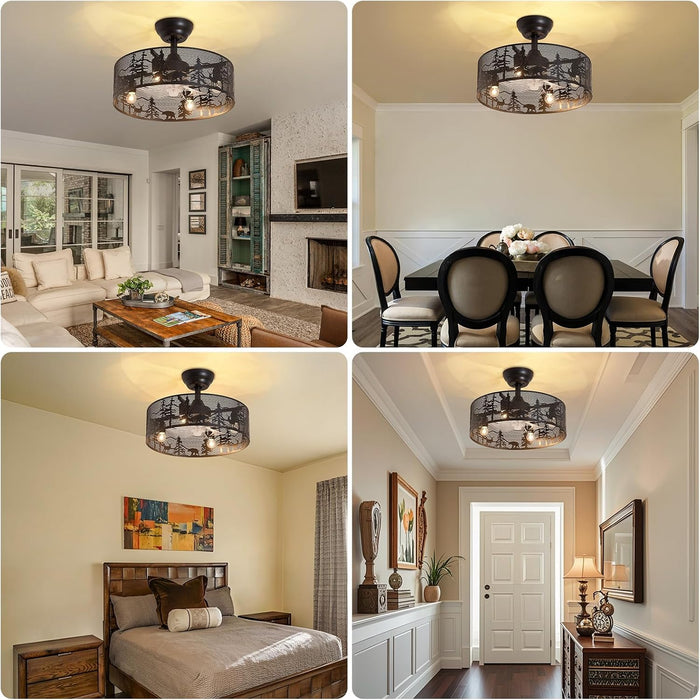 Rustic Ceiling Fan with Light and Remote, Black round Fandelier