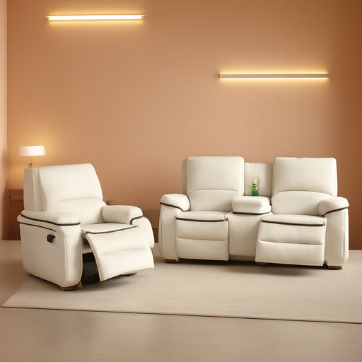 Recliner Sofa Set Bonded Leather, Living Room Furniture Set,Leather Sofa Set Reclining Sofa Manual Recliner Couch (Chair and Sofa Set,Cream White)