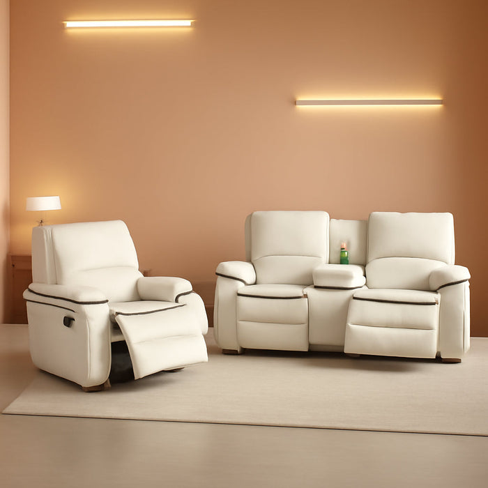 Recliner Sofa Set Bonded Leather, Living Room Furniture Set,Leather Sofa Set Reclining Sofa Manual Recliner Couch (Chair and Sofa Set,Cream White)
