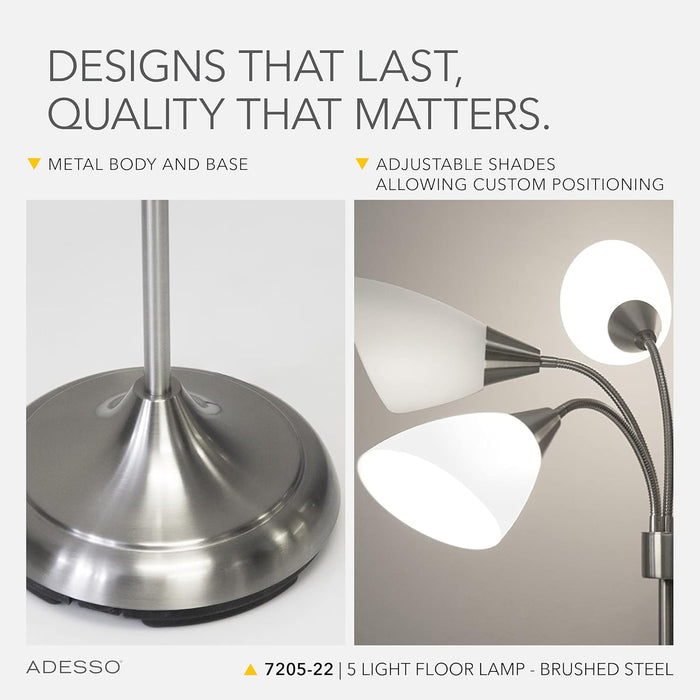 Floor Lamp with 5 Movable Shades & Adjustable Brightness – Perfect Lighting for Bedroom Decor, Beauty & Art Studio, Silver