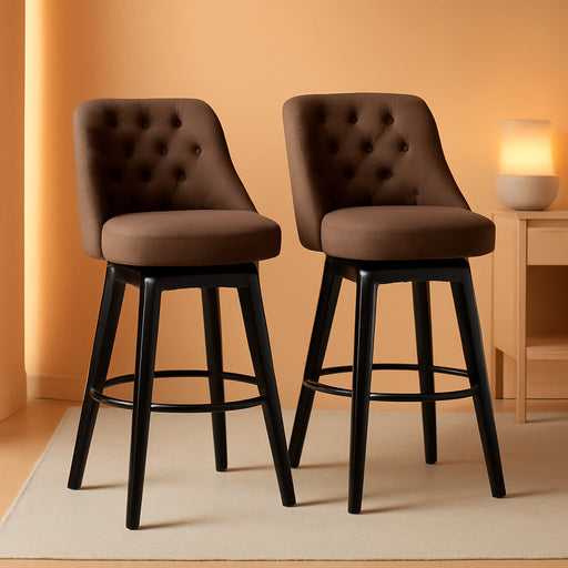 Bar Stools Set of 2, Swivel Barstools with Backs and Wood Legs, 27" Linen Fabric Upholstered Bar Chairs for Kitchen Island, Dining, Cafe, Pub（Sepia）