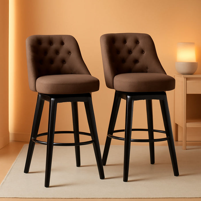 Bar Stools Set of 2, Swivel Barstools with Backs and Wood Legs, 27" Linen Fabric Upholstered Bar Chairs for Kitchen Island, Dining, Cafe, Pub（Sepia）