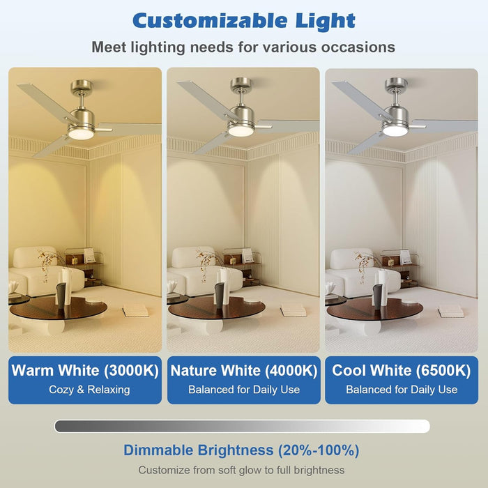 52 Inch Ceiling Fans with Lights and Remote, Brushed Nickel Ceiling Fan, 6 Speed Reversible, 3CCT, Dimmable, Noiseless, 3 Blades, Quiet DC Motor, Silver Ceiling Fan for Bedroom, Indoor and Outdoor