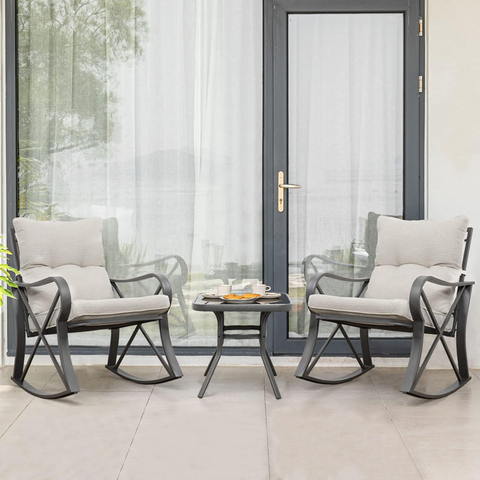 3 Piece Bistro Set Patio Rocking Chairs Outdoor Furniture W Beige Cushions, Glass-Top Table for Garden, Pool, Backyard
