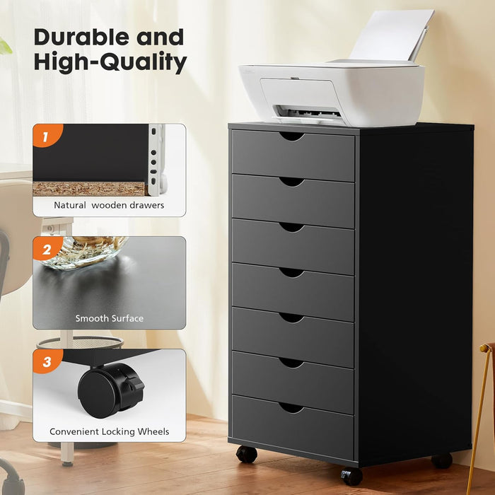 7-Drawer Chest, Office File Cabinet with Wheels, Black