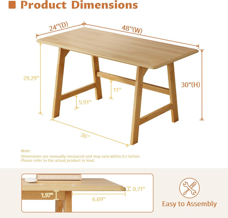Solid Wood Writing Table - 48" W Minimalist PC Computer Desk, Oak