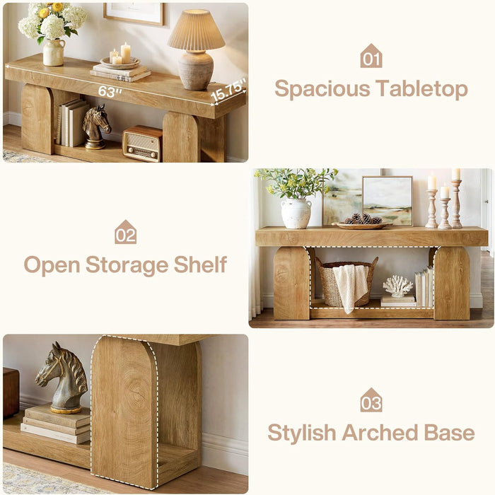 63-Inch Console Table for Entryway, Farmhouse Wooden Sofa Table behind Couch with 2-Tier Storage Shelf for Living Room, Foyer, Hallway, Entrance