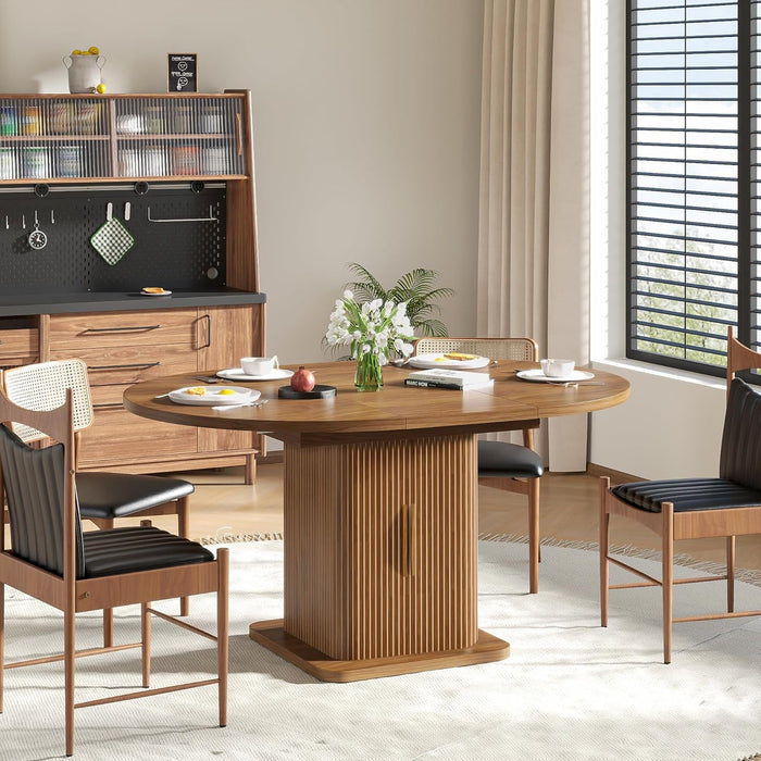 Extendable round Dining Table for 4-6-8, 59 Inch Dining Room Kitchen Table with Storage, Fluted Wood Slide Door, Modern Oval Circle Dinner Furniture for Living Room, Farmhouse, Brown, Walnut