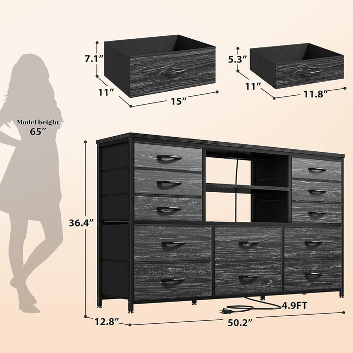 12 Drawers Dresser for Bedroom with LED Lights & Charging Station,Tv Stand for 55-60 Inch Tv,Fabric Dressers & Chests of Drawers with 3 Wooden Shelves for Hallway,Black Wood Grain