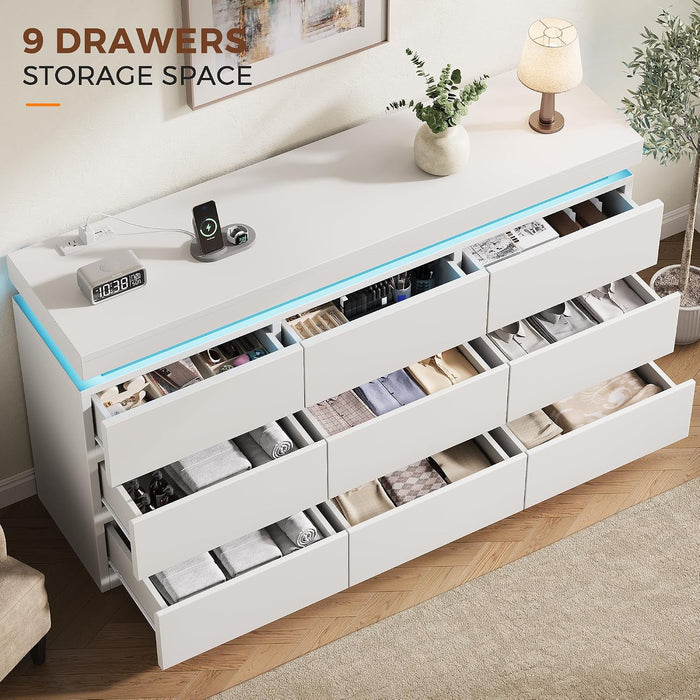 9 Drawer Dresser with LED Lights and Charging Station, Modern White Dresser