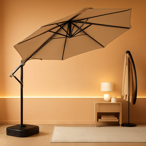Sunnydaze 10Ft Cantilever Offset Patio Umbrella with Base Included for Porch, Deck, Pool, or Backyard - Polyester Sandbag Weight, Push-Button Tilt and Crank, Powder-Coated Steel Pole - Beige