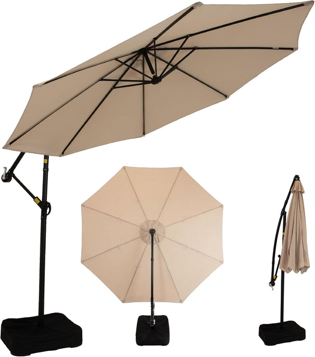 Sunnydaze 10Ft Cantilever Offset Patio Umbrella with Base Included for Porch, Deck, Pool, or Backyard - Polyester Sandbag Weight, Push-Button Tilt and Crank, Powder-Coated Steel Pole - Beige