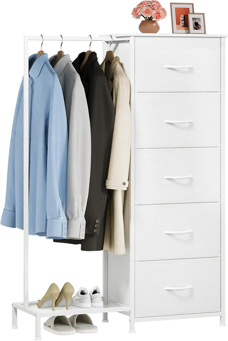 Dresser with Hanging Rack, 5 Drawers Small Closet for Bedroom, Reversible Dresser with Clothes Rack, Kids Dressers for Bedroom Chest of Drawers, Tall Storage Tower, White Leather