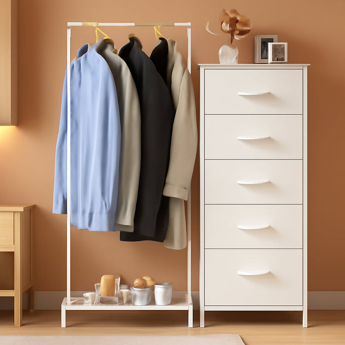 Dresser with Hanging Rack, 5 Drawers Small Closet for Bedroom, Reversible Dresser with Clothes Rack, Kids Dressers for Bedroom Chest of Drawers, Tall Storage Tower, White Leather
