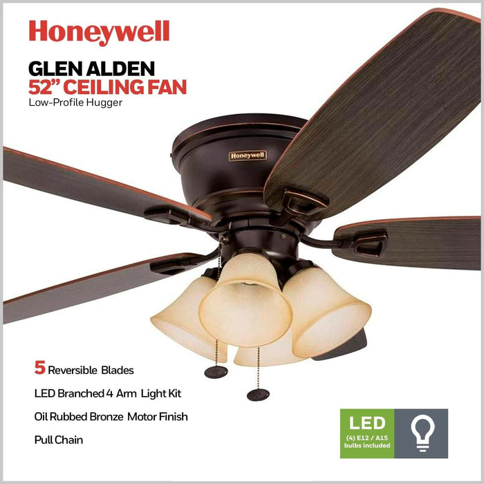 Ceiling Fans Glen Alden, 52 Inch Classic Flush Mount Indoor LED Ceiling Fan with Light, Pull Chain, Quick-2-Hang Dual Finish Blades, Reversible Motor - 50183 (Oil Rubbed Bronze)