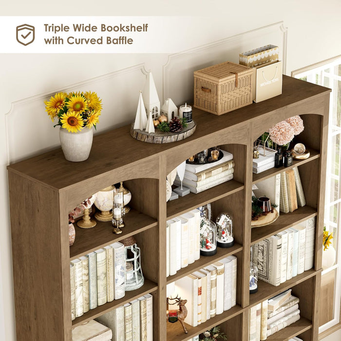 71" Triple Wide Bookshelf, 6 Tier Tall Bookshelf, Large Arched Bookcase with Curved Baffle, 63.4" Wide Book Shelf with 18 Open Display Shelves for Living Room, Study, Phoebe Zhennan