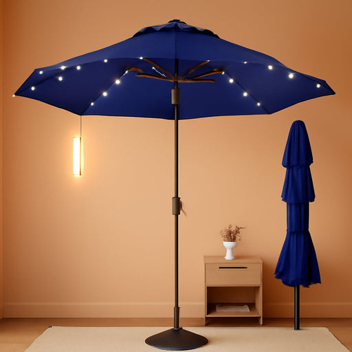 9Ft 3-Tier Patio Umbrella with Solar Lights, Table Umbrella Outdoor Patio with Easy Crank & Tilt, 8 Sturdy Ribs, UV Protection, 32 LED Lights for Deck, Poolside, Market (Navy Blue)