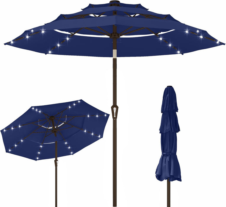 9Ft 3-Tier Patio Umbrella with Solar Lights, Table Umbrella Outdoor Patio with Easy Crank & Tilt, 8 Sturdy Ribs, UV Protection, 32 LED Lights for Deck, Poolside, Market (Navy Blue)