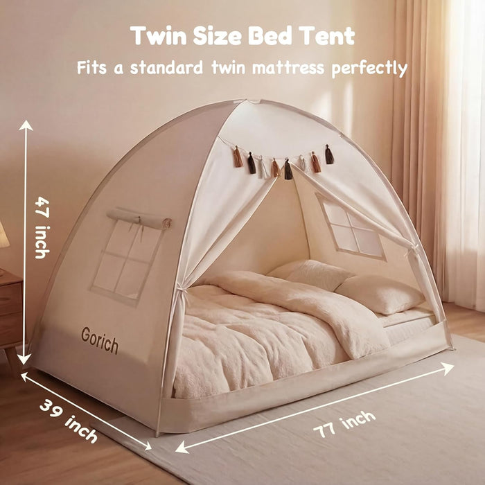 Twin Bed Tent for Kids, Indoor Privacy Toddler Sleeping Canopy with Mesh Window, Fits Bunk or Floor Bed, Include Star Lights & Tassels, Cozy Playhouse for Boys Girls Birthday