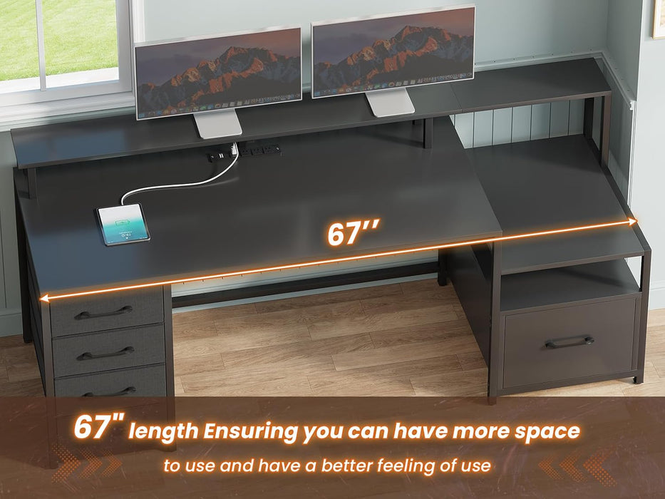 Computer Desk with 5 Drawer, Power Outlet & Led Lights, 66'' Home Office Desk with File Drawer, Storage, Monitor Shelf, Gaming Desk, Black