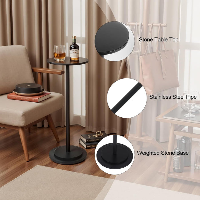 Premium Stone round Drink Table,Heavy Duty Engineered Marble Base Top Coffee Table,Cocktail Accent End Table for Living Room, Weighted Base Small Accent Side Table for Bedroom, Corners,Black